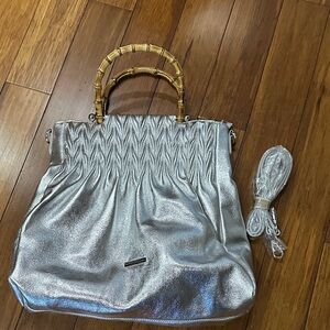 Chic Silver Tote with Bamboo Handle